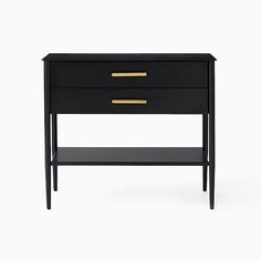 a black and gold side table with two drawers on one shelf, the other drawer is open