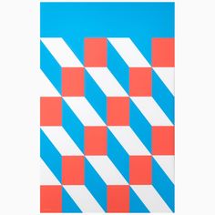 a blue and red abstract painting with diagonal stripes on it's sides, against a white background