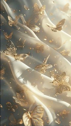 many gold butterflies are flying in the air