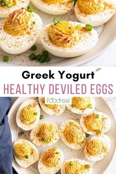 deviled eggs on a plate with text overlay that reads greek yogurt healthy deviled eggs