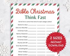 a printable christmas think fast game with red and green snowflakes on it