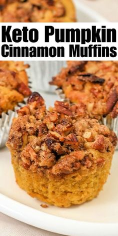 keto pumpkin cinnamon muffins on a white plate