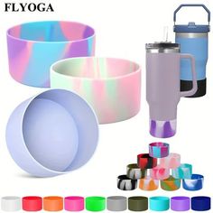 various colored cups and containers with lids