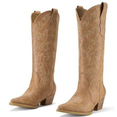 Rollda Cowboy Boots for Women Embroidered Cowgirl Boots Knee-High Western Boots with Chunky Heel Tan Size 10 Color: Brown.  Gender: female.  Age Group: adult. Knee High Western Boots, Black Cowgirl Boots, White Cowgirl Boots, Black Cowgirl, Black Chunky Heels, Size 11 Heels, 2 Inch Heels, Cute Nike Shoes, Boots Knee