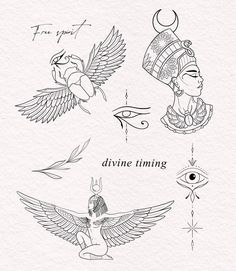 four different tattoos that have been drawn in black ink on white paper with the words divine time