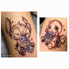 two tattoos on the legs of people with cartoon characters painted on them, one in blue and