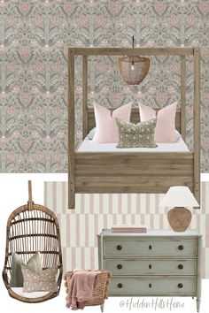 Cute girls bedroom design board featuring a wooden canopy bed positioned in front of a Sage green and pink wallpapered accent wall!  This room has pink and Sage green tones throughout Sophisticated Girls Room, Cali Bedroom, Girls Bedroom Green, Bedroom Mood Board, Pink Bedroom For Girls, Sage Green Bedroom, Big Girl Bedrooms