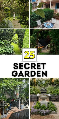 the secret garden is located in front of a house and surrounded by trees, shrubs, and other greenery