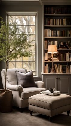 a living room filled with furniture and a tree in the middle of it's bookcase