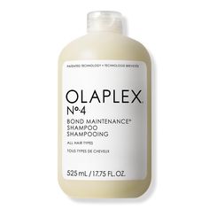 No. 4 Bond Maintenance Strengthening and Reparative Hair Shampoo - NO 4 BOND MAINTENANCE SHAMPOO 17.75OZBenefitsGently cleanses hairNourishes and hydrates hairRepairs and maintains for healthy-looking hair4&5 System -Improves manageability and softness -Increases shine and leaves hair looking healthier -Produces softer, shinier, and healthier-looking hair with each use, reduces damage, split ends, frizz, and flyawaysProtects against future damageAllure 2022 Readers' Choice Award WinnerOLAPLEX products are thoroughly tested in accordance with industry standards in-house and by independent third-party laboratories for safety and efficacyResearch Results73% smoother, more conditioned, easier detangling *tested on bleached hair49% reduction in breakage90% smoother, better detangling, more cond Shampoo Olaplex, Split Ends, Hair Shampoo, Hair Care Shampoo, Third Party, Ulta Beauty, Hair Looks, Hair Care, Hair