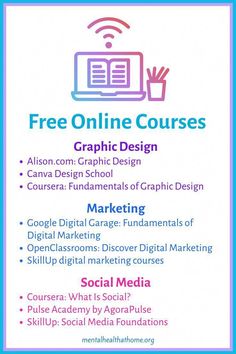 a flyer with the text free online courses and graphic design for digital media, including social media