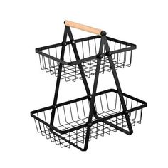 a black rack with two baskets and a baseball bat