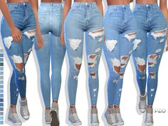 three different views of the same woman's jeans with holes and torn up knees