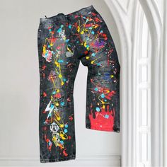 Material: 98% Cotton 2% Spandex Brand New With Tags Painted Denim Pants, Non-stretch Patchwork Denim Pants, Hand Painted Denim, Denim Pants Mens, Mens Straight Jeans, Painted Denim, Black Hand, Tall Guys, Big & Tall