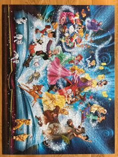 a puzzle with many cartoon characters on it's sides and one is in the middle