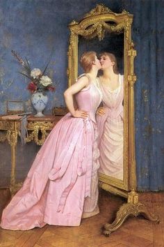 a painting of two women in front of a mirror