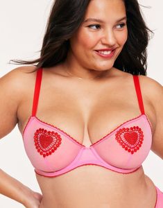 The Alyshia unlined demi bra in pink is a show-stopping piece that's designed to make a statement. With its sheer tulle cups, heart embroidery motifs, and picot trim, this plus-size bra is both sexy and playful. (Available in plus-sizes 38DD-46DDD.) Pink Underwire Bra With Removable Cups, Pink Sheer Underwire Bra, Red Fitted Bra With Removable Cups, Fitted Red Bra With Removable Cups, Pink Full Cup Padded Bra, Pink Full Cup Bra With Padded Cups, Pink Full Cup Partially Lined Bra, Pink Underwire Partially Lined Bra, Heart Embroidery