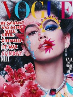 a magazine cover with an image of a woman's face and flowers on it