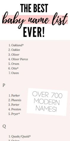 the best baby name list ever is in this pink and black printable listing guide