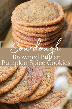 a stack of brown butter pumpkin spice cookies on top of a wooden cutting board with text overlay