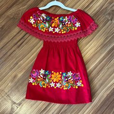 Beautiful Mexican Hand Embroidered Dress Red Floral Embroidered Cotton Dress, Red Cotton Dress With Floral Embroidery, Red Sleeveless Dress With Floral Embroidery, Red Sleeveless Embroidered Dress, Fitted Red Embroidered Cotton Dress, Red Fitted Embroidered Cotton Dress, Red Embroidered Short Sleeve Dress, Short Sleeve Red Dress With Embroidered Hem, Red Short Sleeve Dress With Embroidered Hem