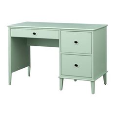 a green desk with two drawers and one drawer on the bottom, in front of a white background