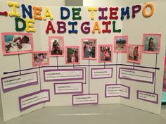 a bulletin board with pictures on it and words written in spanish above the boards are photos of children