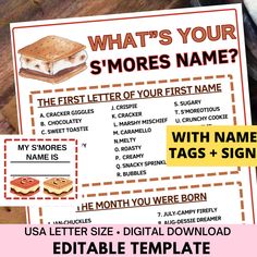 a sign that says, what's your smores name? with some tags and signs