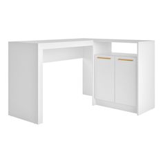 a white desk with two drawers and a cabinet in the middle, on a white background