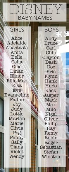 the disney baby names are displayed in front of a building with windows and balconies