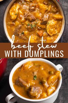 beef stew with dumplings in a white bowl on top of a black countertop