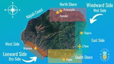 a map of the west side of hawaii with several locations labeled in red and yellow