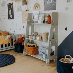 a child's room with a ladder bed and other items on the shelves in front of it