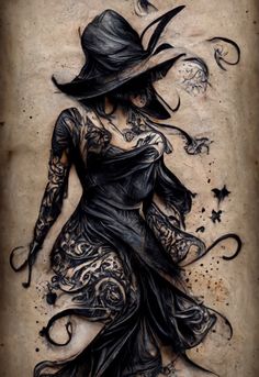 a drawing of a woman wearing a black dress and hat with stars around her neck