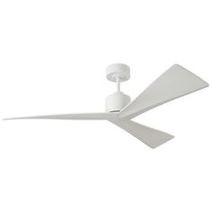 a white ceiling fan with two blades on it's blades and one light bulb