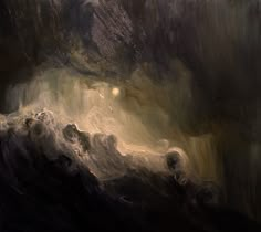 an abstract painting with dark colors and white clouds in the sky, as well as light coming from above