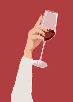 a woman's hand holding a wine glass with red wine in it on a red background