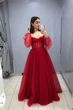 Ball Gown Red, A Line Formal Dress, Prom Dress A Line, Prom Dress Burgundy, Tulle Long Prom Dress, Burgundy Evening Dress, Popular Prom Dresses, Formal Ball Gown, Long Sleeve Prom