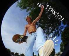 a shirtless man holding a skateboard in his right hand and pointing at the sky