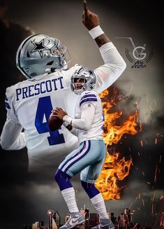 a football player is in the air with his hand up and fire coming from behind him