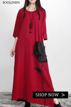 Elegant Red Patchwork Appliques Pockets Dress Fall Oversized Dress, Elegant Red, Patchwork Dress, Clothes Collection, Linen Dresses