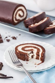 a piece of chocolate cake on a plate with a fork