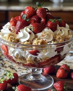 a dessert with strawberries and whipped cream in a glass bowl on a counter top