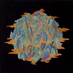 an abstract painting with blue and orange colors on black background, in the shape of a rock formation