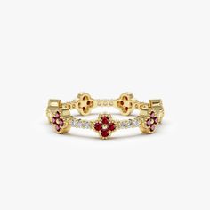 Made to Order
 Gold Kt: 14K (also available in 18K)
 Available Gold Color: Rose Gold, Yellow Gold, White Gold
 Round Diamond: 21 Pc 1.1 MM
 Round Ruby: 28 Pc 1.3 MM
 Diamond Color & Clarity: G Color SI Clarity
 Diamond Ctw: 0.14
 Ruby Ctw: 0.32 ctw Clover Ring, Gold Stacking Ring, Ruby And Diamond Ring, Ring Ruby, Gold Armband, Local Jewelry, Gold Ring Stack, Jewelry Lookbook, Ruby Jewelry