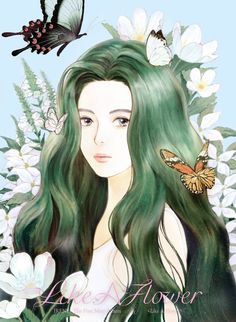 a woman with long green hair and butterflies on her head is surrounded by white flowers