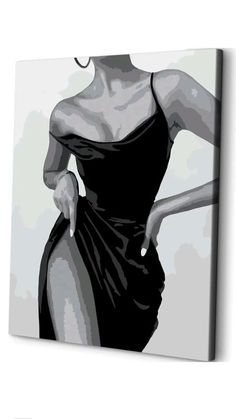 a black and white painting of a woman in a dress with her hand on her hip