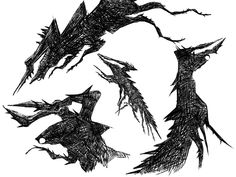 three black and white drawings of birds flying through the air