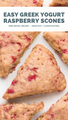 easy greek yogurt raspberry scones on a white plate with text overlay