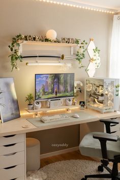 a computer desk with two monitors on it